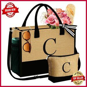 Large Personalized Jute Tote Bag with Makeup Pouch, Adjustable Strap